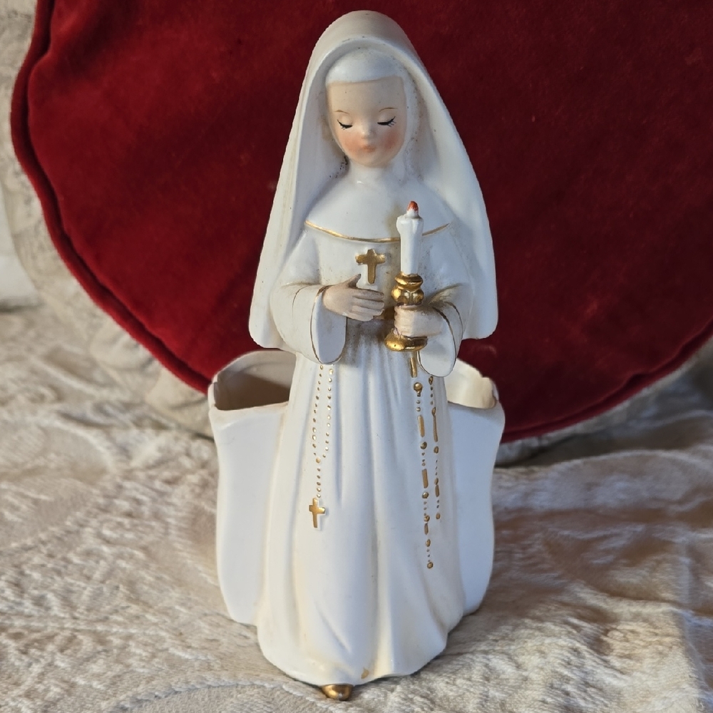 Relpo 50s 60s Nun Candle Ceramic Planter Vase Vessel Vintage Religious Rosary - Picture 2 of 7